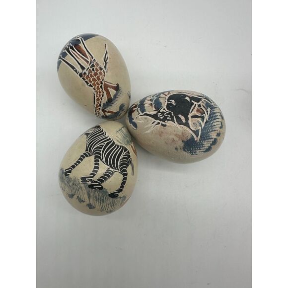 Carved Stone Eggs Set of Three with African Animals 2" Oval Eggs Home Decor - Picture 10 of 10